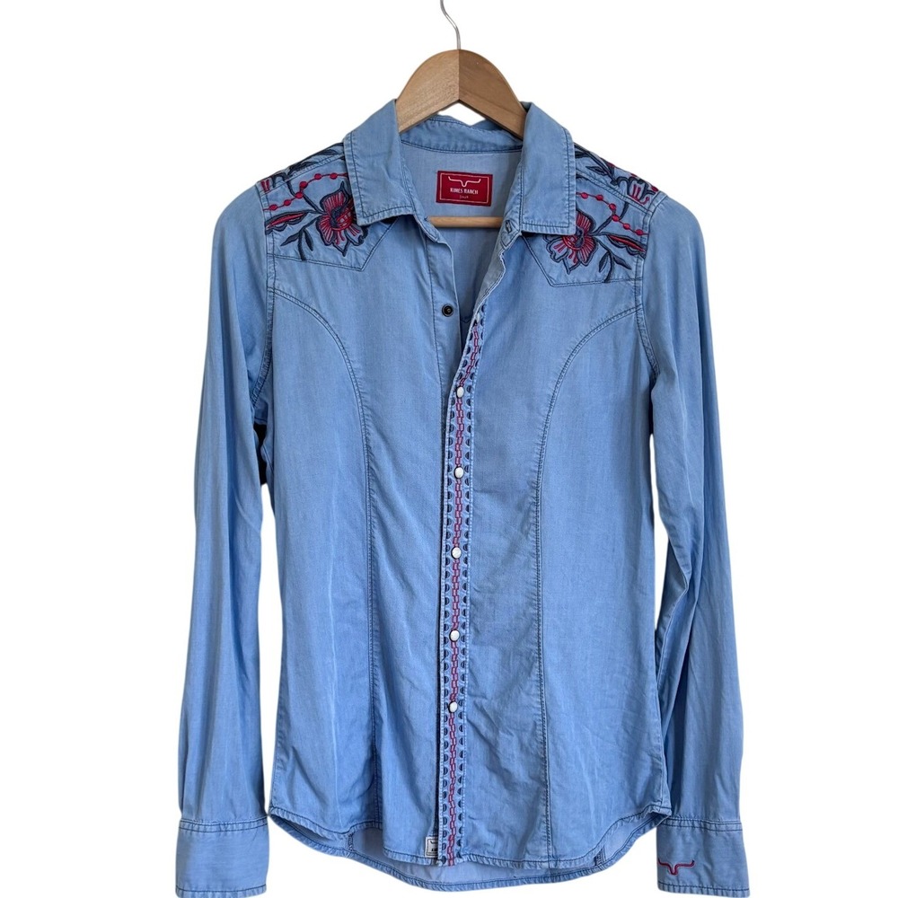 Kimes Ranch Western Floral Embroidered Snap Shirt Womens S Denim Cowgirl Rodeo